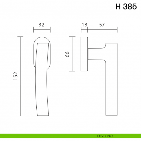 Maniglia per finestra martellina DK H 385 Valli collezione Fusital disegno