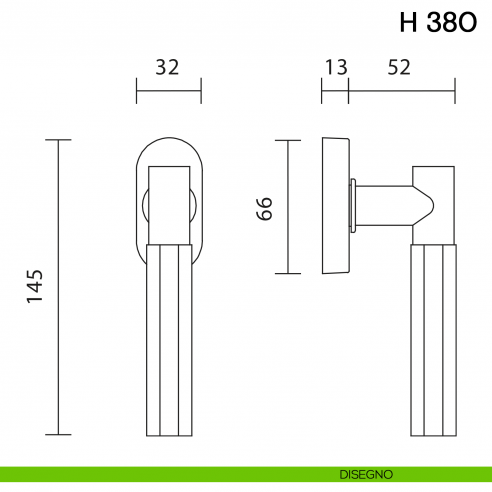 Maniglia per finestra martellina DK H 380 Valli collezione Fusital disegno