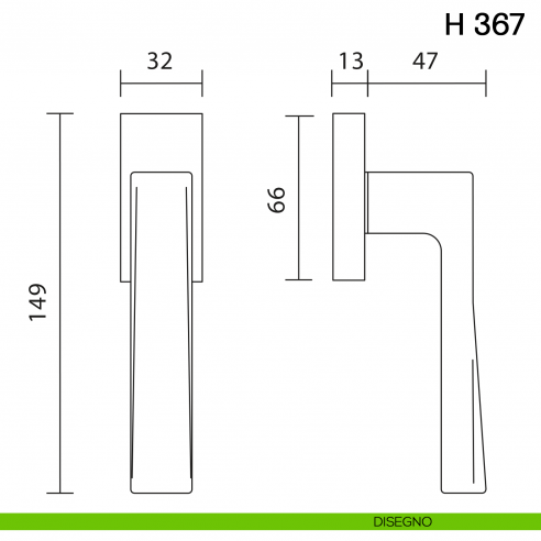 Maniglia per finestra martellina DK H 367 Valli Collezione Fusital disegno