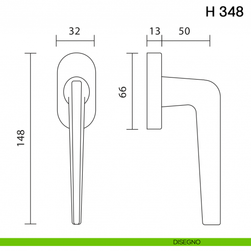 Maniglia per finestra martellina DK H 348 Valli collezione Fusital disegno