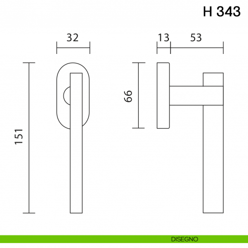 Maniglia per finestra martellina DK H 343 Valli collezione Fusital disegno