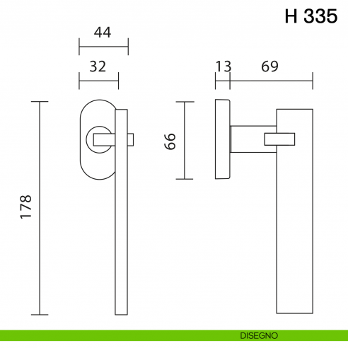 Maniglia per finestra martellina DK H 335 Valli collezione Fusital disegno