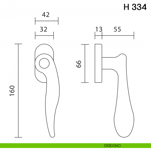 Maniglia per finestra martellina DK H 334 Valli collezione Fusital disegno