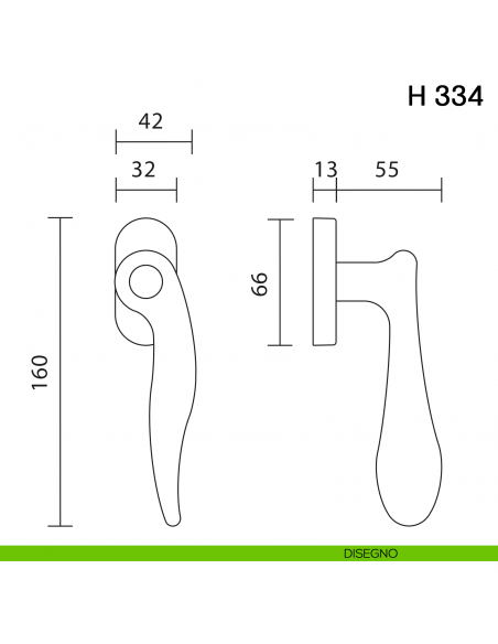 Maniglia per finestra martellina DK H 334 Valli collezione Fusital disegno
