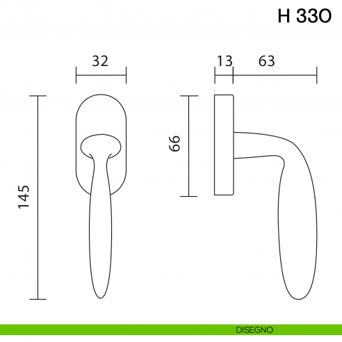Maniglia per finestra martellina DK H 330 Valli collezione Fusital disegno