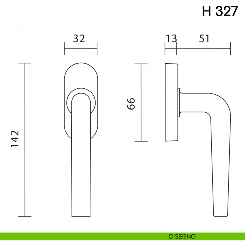 Maniglia per finestra martellina DK H 327 Valli collezione Fusital disegno