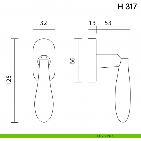 Maniglia per finestra martellina DK H 317 Valli collezione Fusital disegno