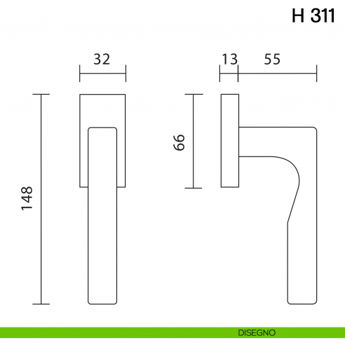 Maniglia per finestra martellina DK H 311 Valli collezione Fusital disegno