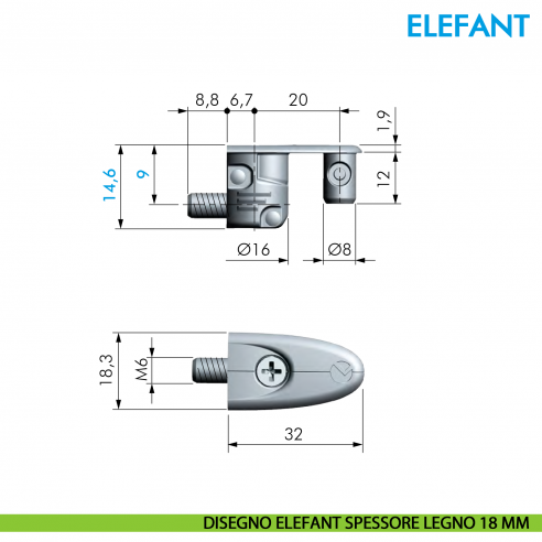 Giunzione per mobile Ferramenta Livenza Elefant con invito spessore legno 18 mm - disegno Elefant
