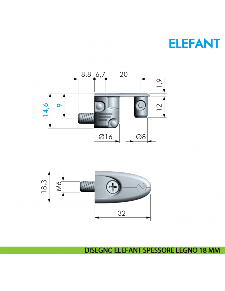 Giunzione per mobile Ferramenta Livenza Elefant con invito spessore legno 18 mm - disegno Elefant