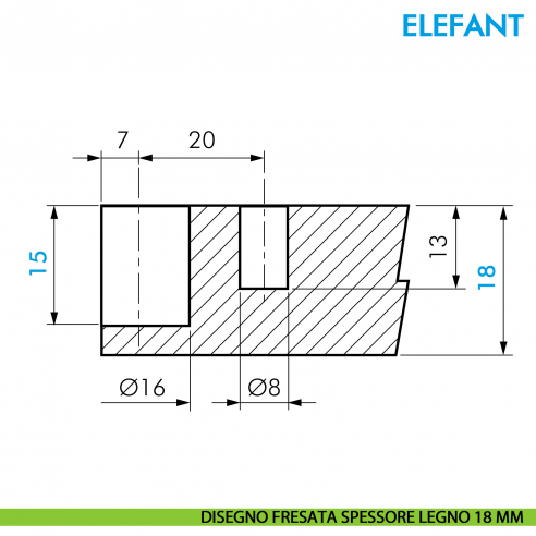 Giunzione per mobile Ferramenta Livenza Elefant con invito spessore legno 18 mm - disegno fresata