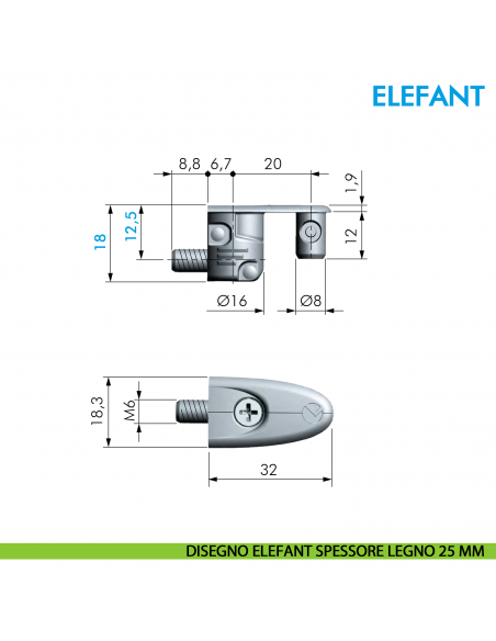 Giunzione per mobile Ferramenta Livenza Elefant con invito spessore legno 25 mm - disegno Elefant