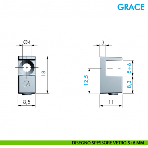 Reggimensola per vetro Ferramenta Livenza Grace spessore 5-6 mm con foro vite - disegno