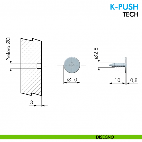 Incontro K-Push Tech Ferramenta Livenza per foro diametro 3 mm - disegno