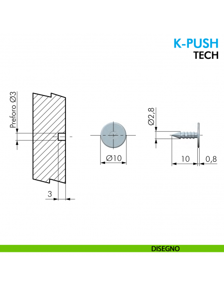 Incontro K-Push Tech Ferramenta Livenza per foro diametro 3 mm - disegno