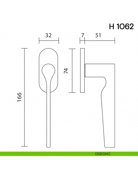Maniglia per finestra martellina DK H 1062 Valli collezione Lab con rosetta fine disegno