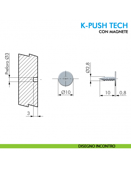 Cricchetto magnetico K-Push Tech Ferramenta Livenza da applicare incontro con foro diametro 3 mm - disegno contropiastra