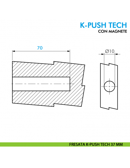 Cricchetto magnetico K-Push Tech Ferramenta Livenza a incasso contropiastra con biadesivo - disegno fresata K-Push Tech