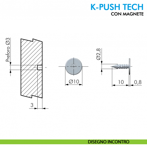 Cricchetto premi apri magnetico K-Push Tech Ferramenta Livenza a incasso incontro con foro diametro 3 mm - disegno contropiastra