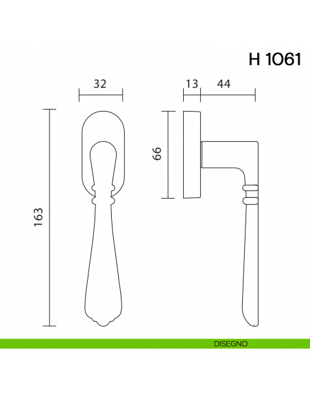 Maniglia per finestra martellina DK H 1061 Valli collezione Fusital disegno