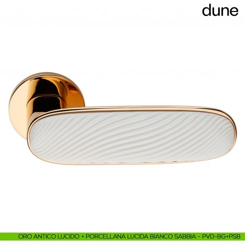 Maniglia per porta Dune dnd handles con porcellana lucida bianco sabbia - oro antico lucido