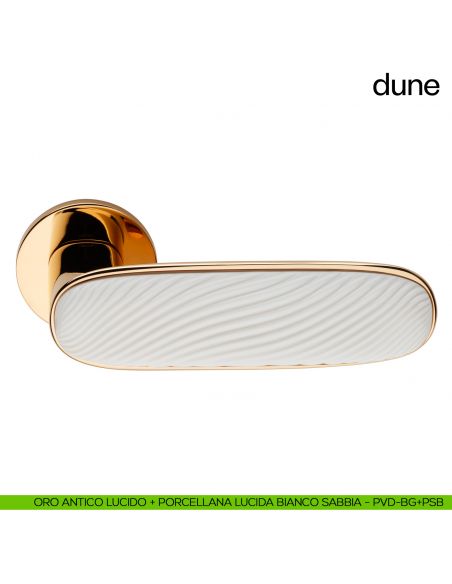 Maniglia per porta Dune dnd handles con porcellana lucida bianco sabbia - oro antico lucido