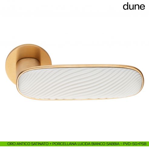 Maniglia per porta Dune dnd handles con porcellana lucida bianco sabbia - oro antico satinato