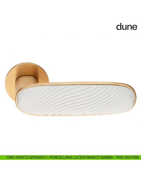 Maniglia per porta Dune dnd handles con porcellana lucida bianco sabbia - oro antico satinato