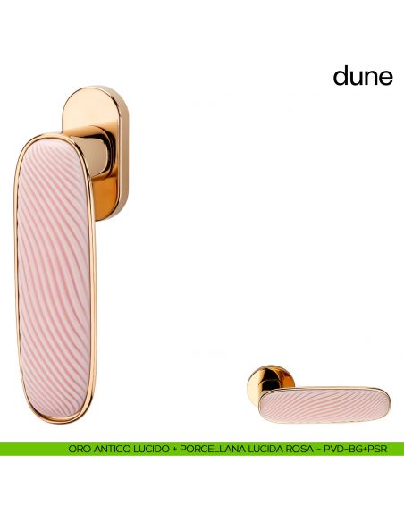 Maniglia per finestra martellina DK Dune dnd porcellana lucida rosa nuvola - oro antico lucido