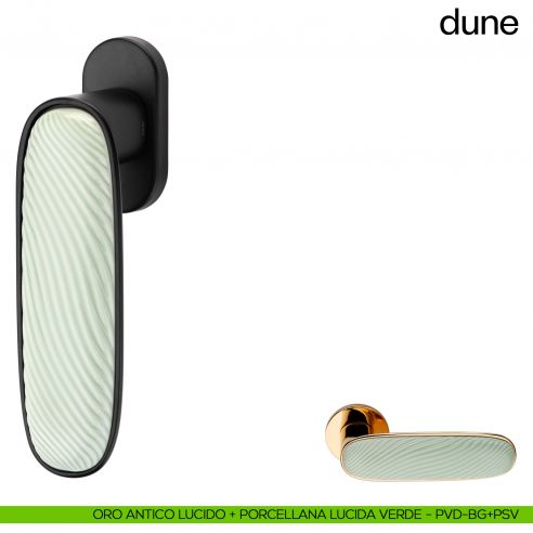 Maniglia per finestra martellina DK Dune dnd porcellana lucida verde menta - oro antico lucido