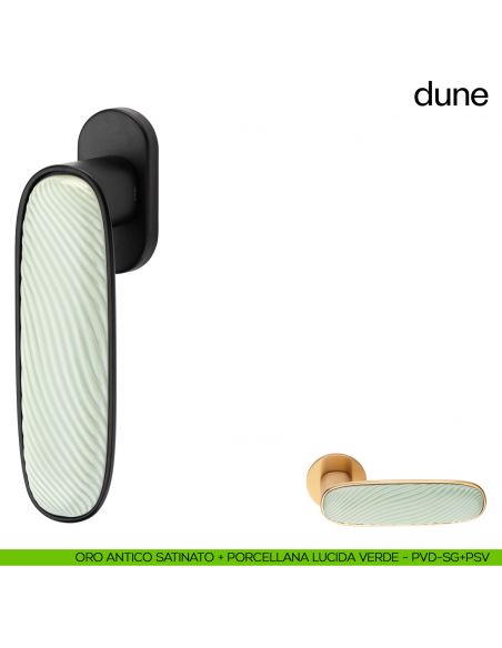 Maniglia per finestra martellina DK Dune dnd porcellana lucida verde menta - oro antico satinato