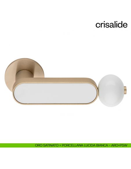 Maniglia per porta Crisalide dnd handles con porcellana - oro satinato + porcellana lucida bianca