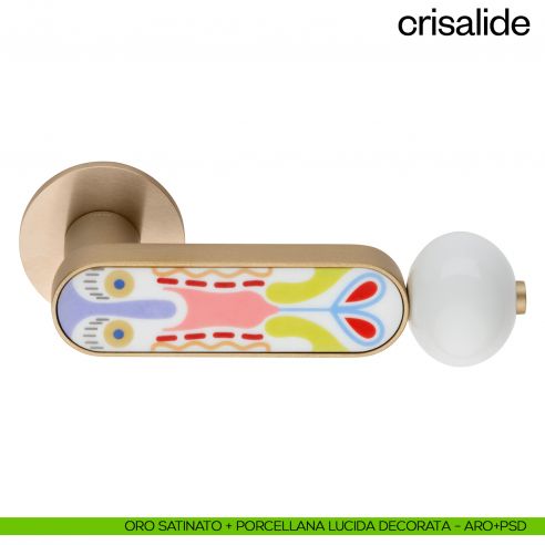 Maniglia per porta Crisalide dnd handles con porcellana - oro satinato + porcellana lucida decorata