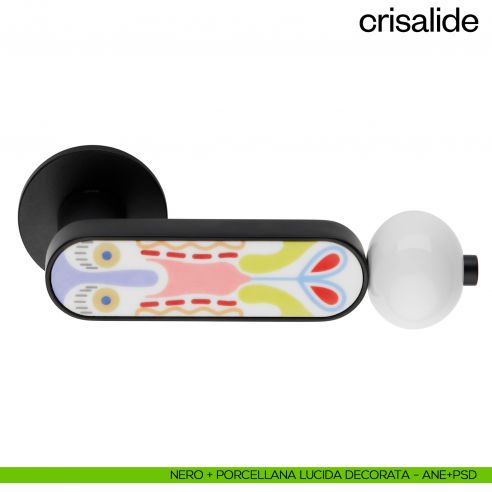 Maniglia per porta Crisalide dnd handles con porcellana - nero + porcellana lucida decorata