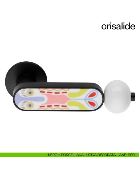 Maniglia per porta Crisalide dnd handles con porcellana - nero + porcellana lucida decorata