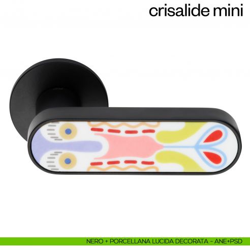 Maniglia per porta Crisalide Mini dnd handles con porcellana - nero + porcellana lucida decorata