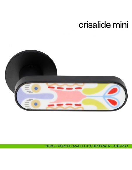 Maniglia per porta Crisalide Mini dnd handles con porcellana - nero + porcellana lucida decorata