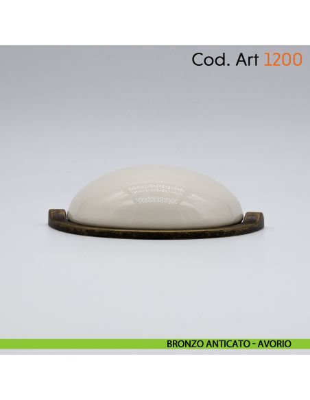 Maniglia conchiglia con porcellana per mobile shabby Cosmov articolo 1200 bronzo anticato - avorio