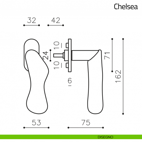 Maniglia per finestra martellina DK Chelsea Legno Olivari disegno