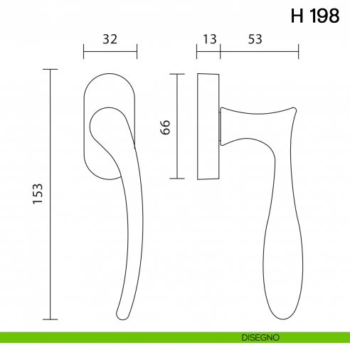 Maniglia per finestra martellina DK H 198 Valli collezione Fusital disegno