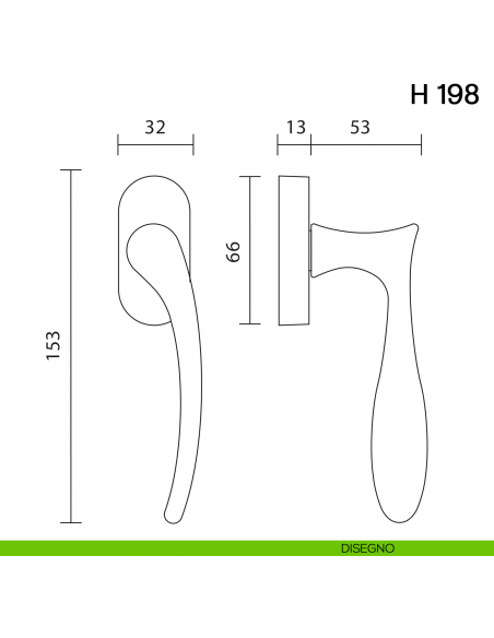 Maniglia per finestra martellina DK H 198 Valli collezione Fusital disegno