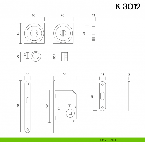 Maniglia per porta scorrevole K 3012 Valli collezione Fusital nottolino e serratura disegno