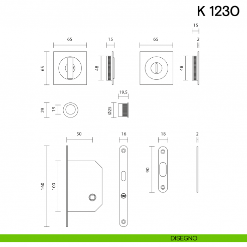 Maniglia per porta scorrevole K 1230 Valli collezione Fusital nottolino e serratura disegno