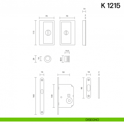 Maniglia per porta scorrevole K 1215 Valli collezione Lab nottolino e serratura disegno