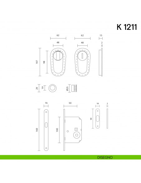 Maniglia per porta scorrevole K 1211 Valli collezione Lab nottolino e serratura disegno