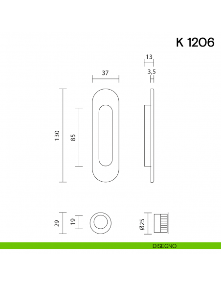Maniglia per porta scorrevole K 1206 Valli collezione Lab senza foro chiave disegno