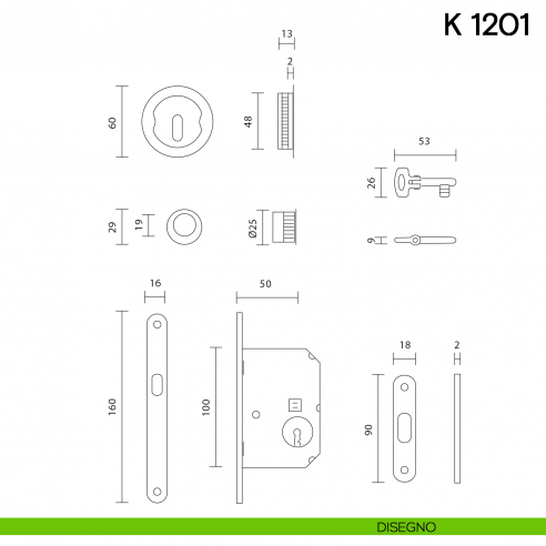 Maniglia per porta scorrevole K 1201 Valli collezione Lab con chiave e serratura disegno