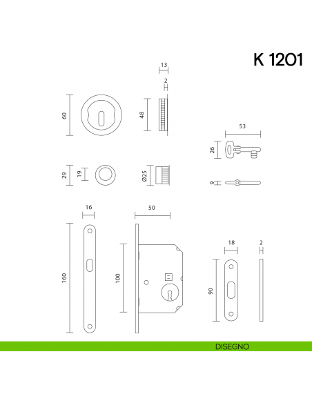 Maniglia per porta scorrevole K 1201 Valli collezione Lab con chiave e serratura disegno