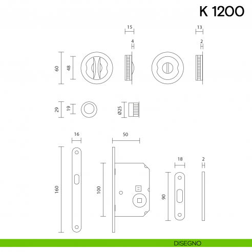 Maniglia per porta scorrevole K 1200 Valli collezione Lab nottolino e serratura disegno