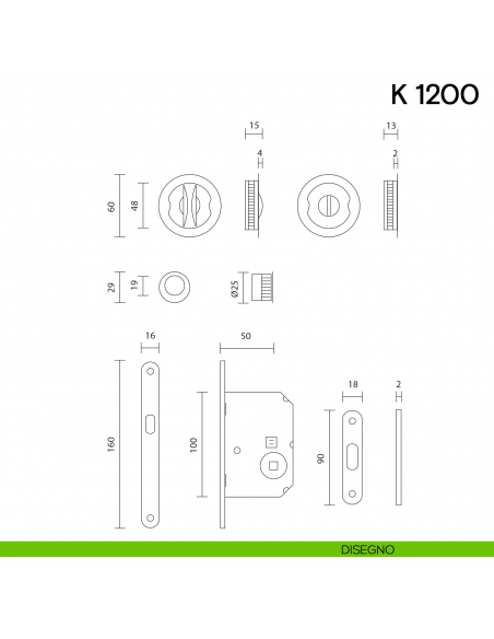 Maniglia per porta scorrevole K 1200 Valli collezione Lab nottolino e serratura disegno